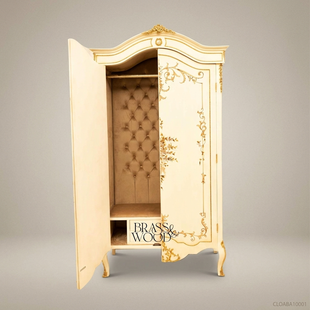 Louis XV Ivory & Gold Leaf Abaya Armoire – Hand-Painted Rococo Single Door