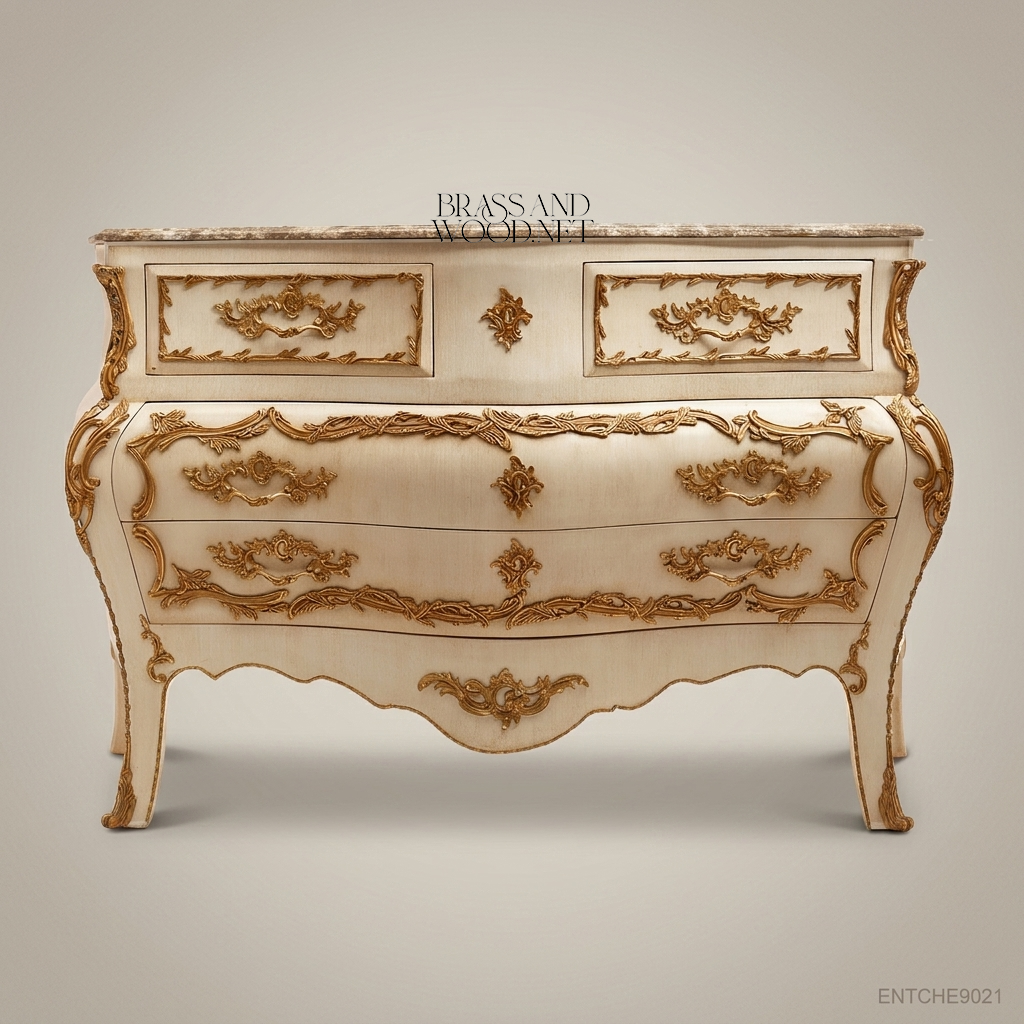 Louis XV Rococo Bombe Commode – Ivory Lacquer & Gold Leaf with Marble Top