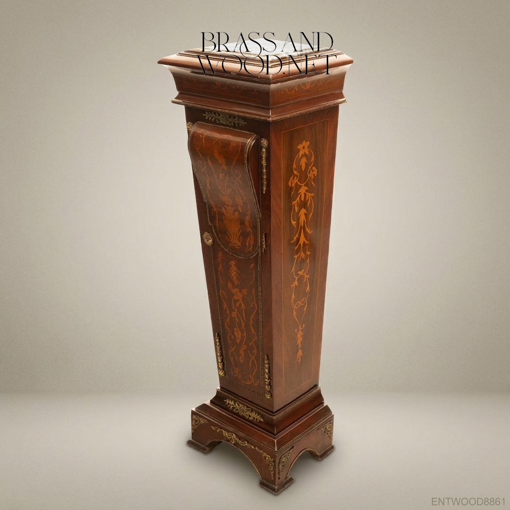 Renaissance Revival Marquetry Display Pedestal with Marble Top & Brass Mounts
