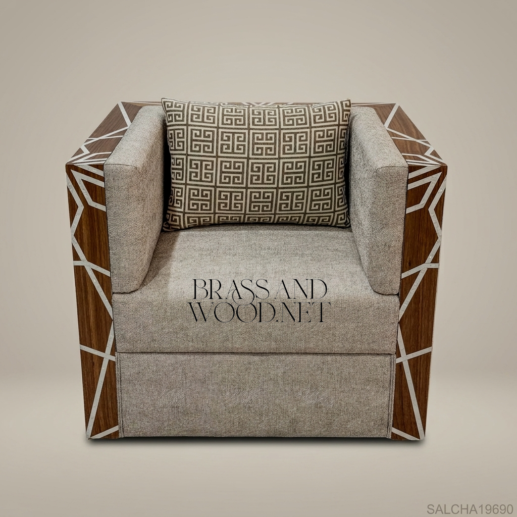 Contemporary Geometric Hardwood & Linen Salon Armchair