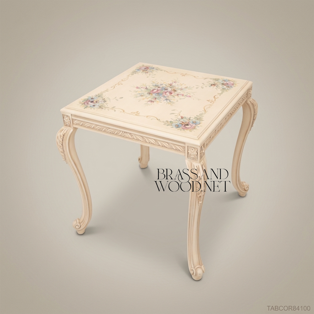 Louis XV Corner Table – Hand-Painted Floral Ivory Lacquer