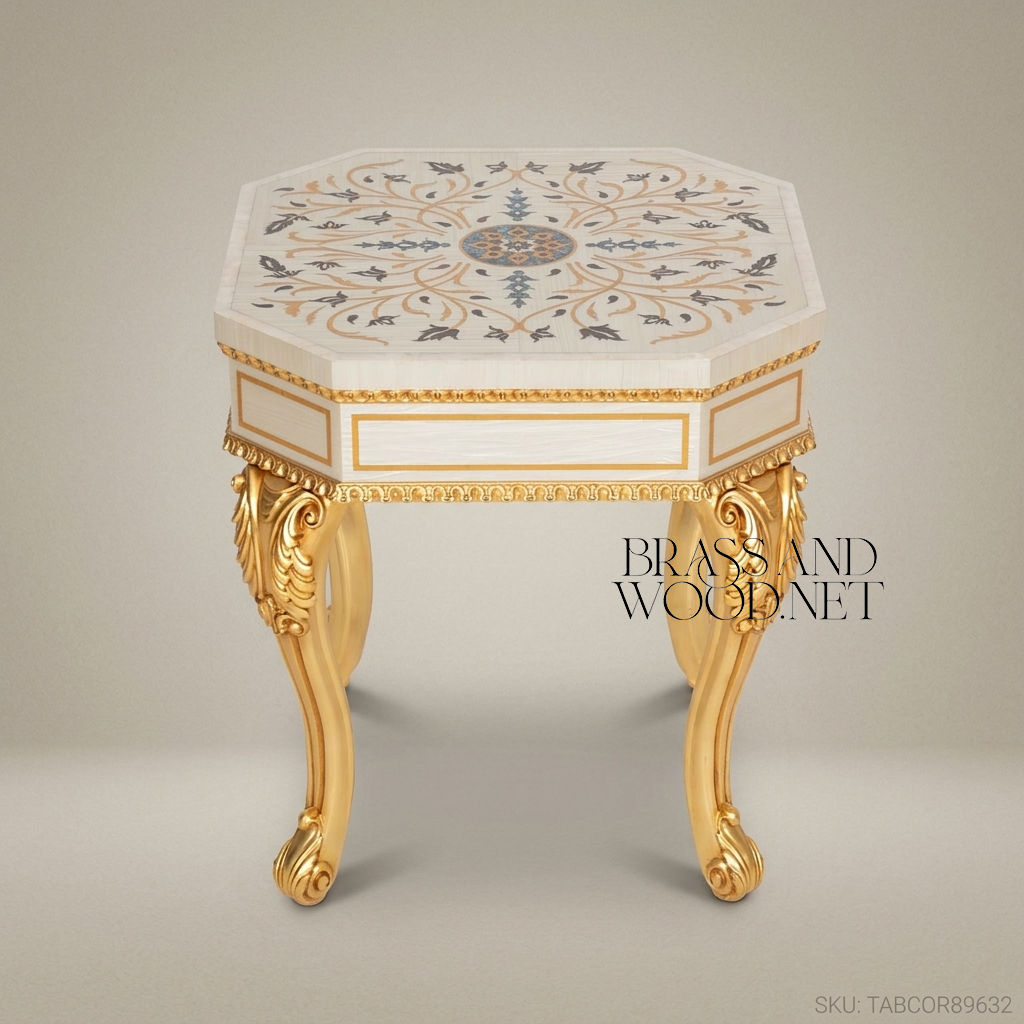 Louis XV Rococo Octagonal Corner Table with Inlaid Top & Gold Leaf Legs