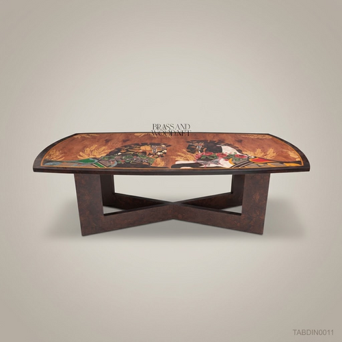 Brass & Wood Marquetry Art Dining Table