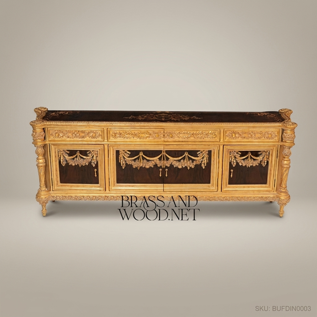 Brass & Wood Louis XVI Carved Gilt Dining Buffet