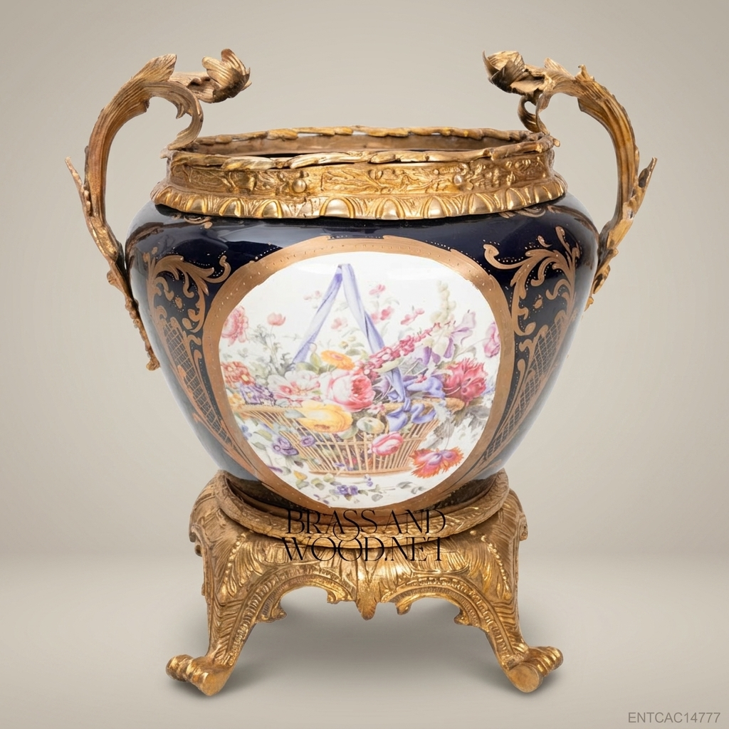 Napoleon III Rococo Revival Cobalt Porcelain Jardinière with Antique Gold Bronze Mounts & Floral Medallion