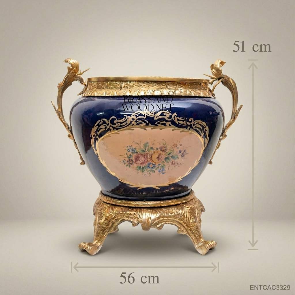 Napoleon III Rococo Revival Cobalt Blue Ceramic Jardinière with Gilt Brass Stand & Acanthus Handles