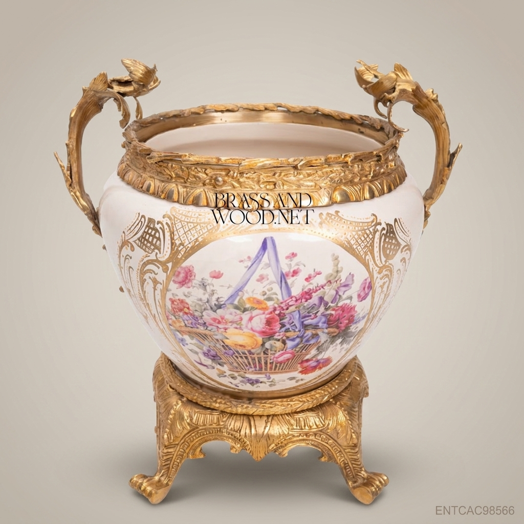 Napoleon III Rococo Revival Porcelain Cachepot - Hand-Painted Floral Basket with Gilt Bronze Mounts