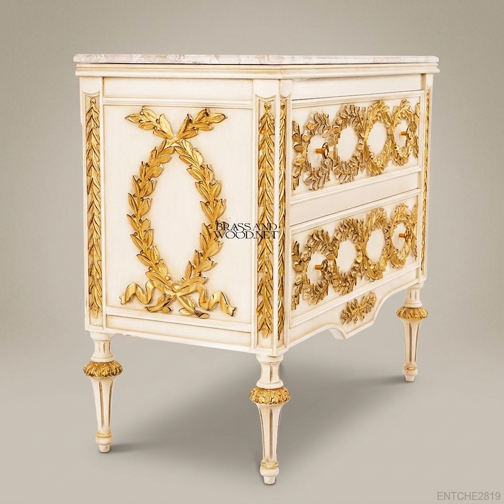 Louis XVI Neoclassical Ivory & Gold Leaf Two-Drawer Commode with Marble Top