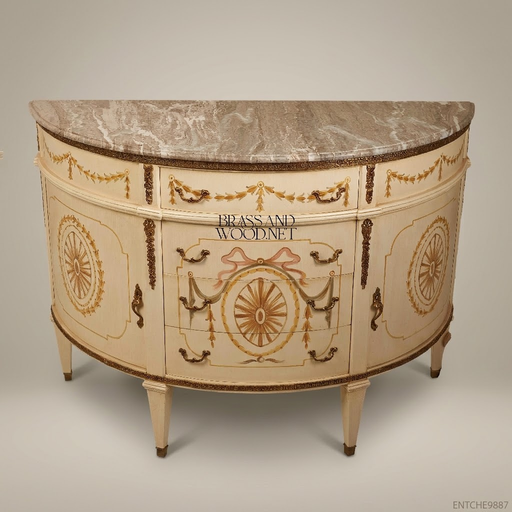 Louis XVI Neoclassical Demilune Commode with Marble Top & Hand-Painted Ivory Lacquer