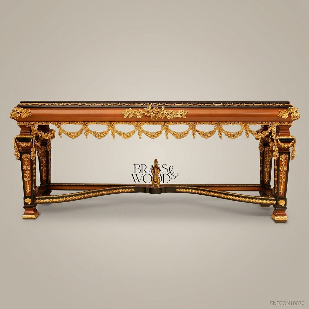 Louis XVI Neoclassical Console Table with Marquetry Top & Ormolu Garlands