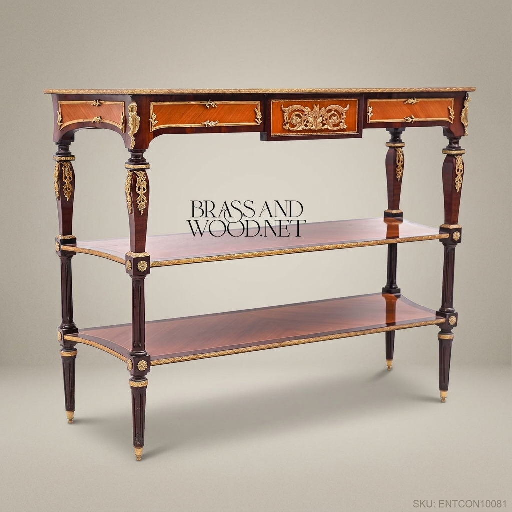 Louis XVI Neoclassical Console Table with Brass Ormolu & Marquetry Shelves