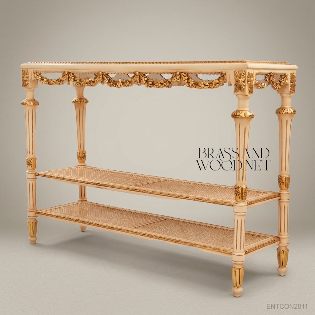 Louis XVI Ivory & Gold Leaf Console Table with Cane Shelves & Floral Swags