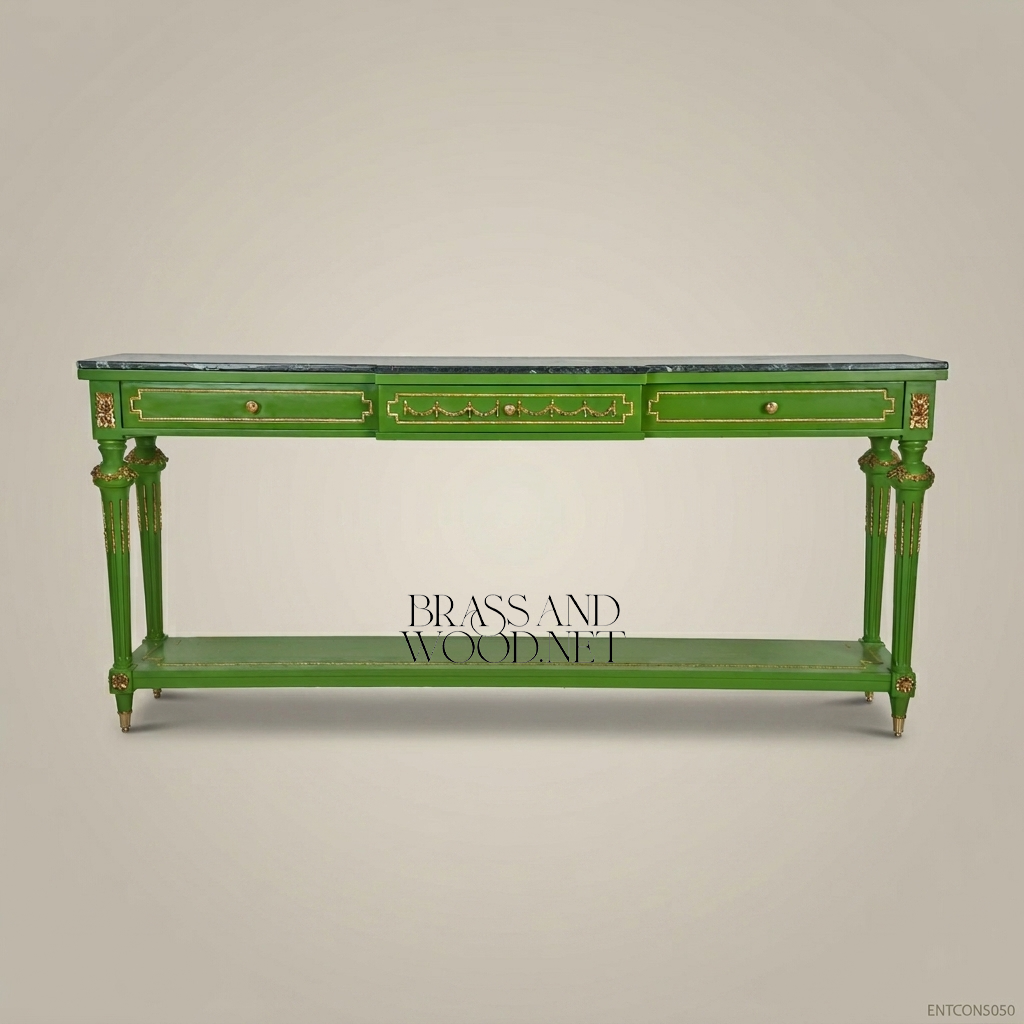 Louis XVI Green Lacquer & Marble Console Table with Gold Leaf Accents
