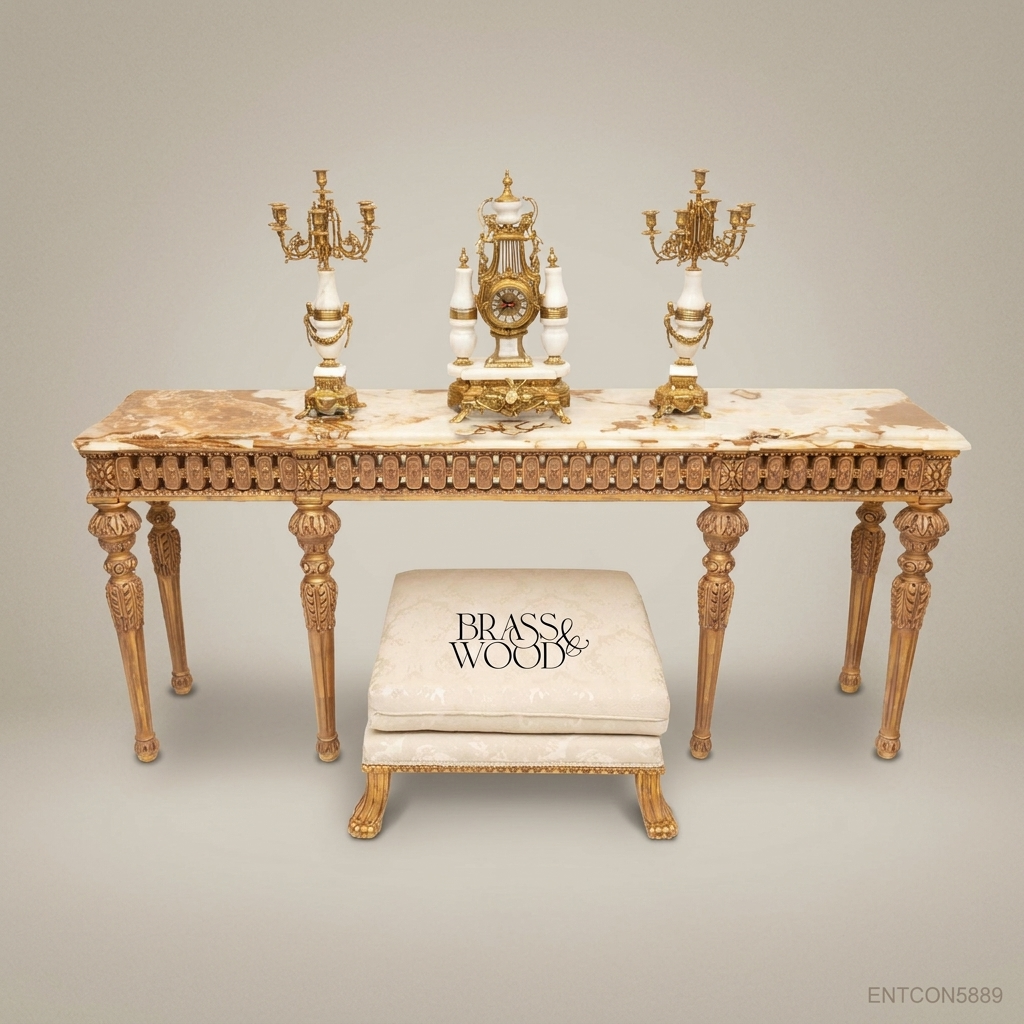 Louis XVI Neoclassical Console Table – Gold Leaf Carved Wood & Onyx Marble Top