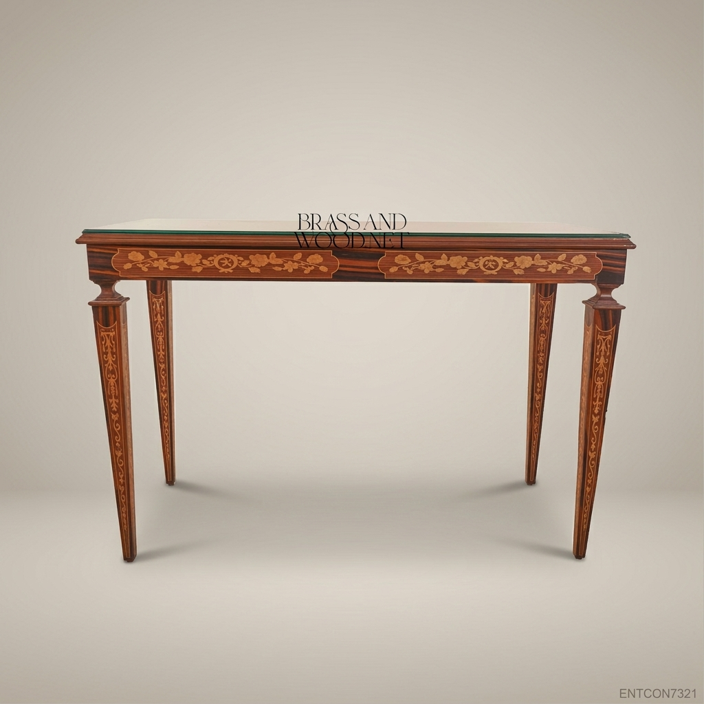 Classic Inlaid Wooden Console Table with Glass Top