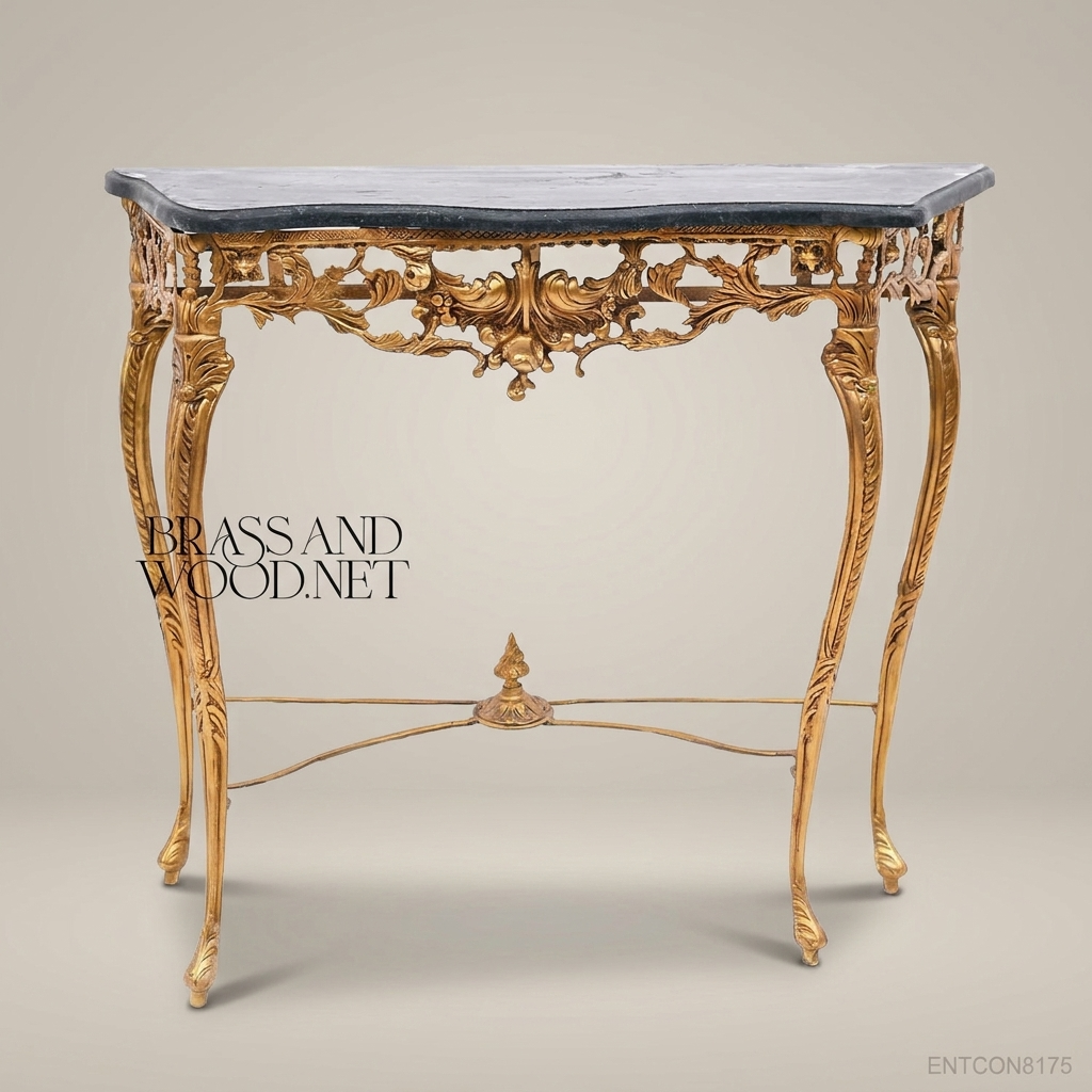 French Rococo Gold Gilt Console Table with Black Marble Top