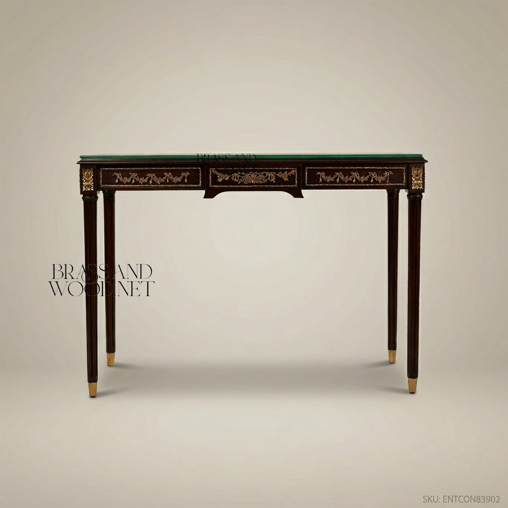 Louis XVI Neoclassical Console Table with Brass Ormolu Mounts & Glass Top