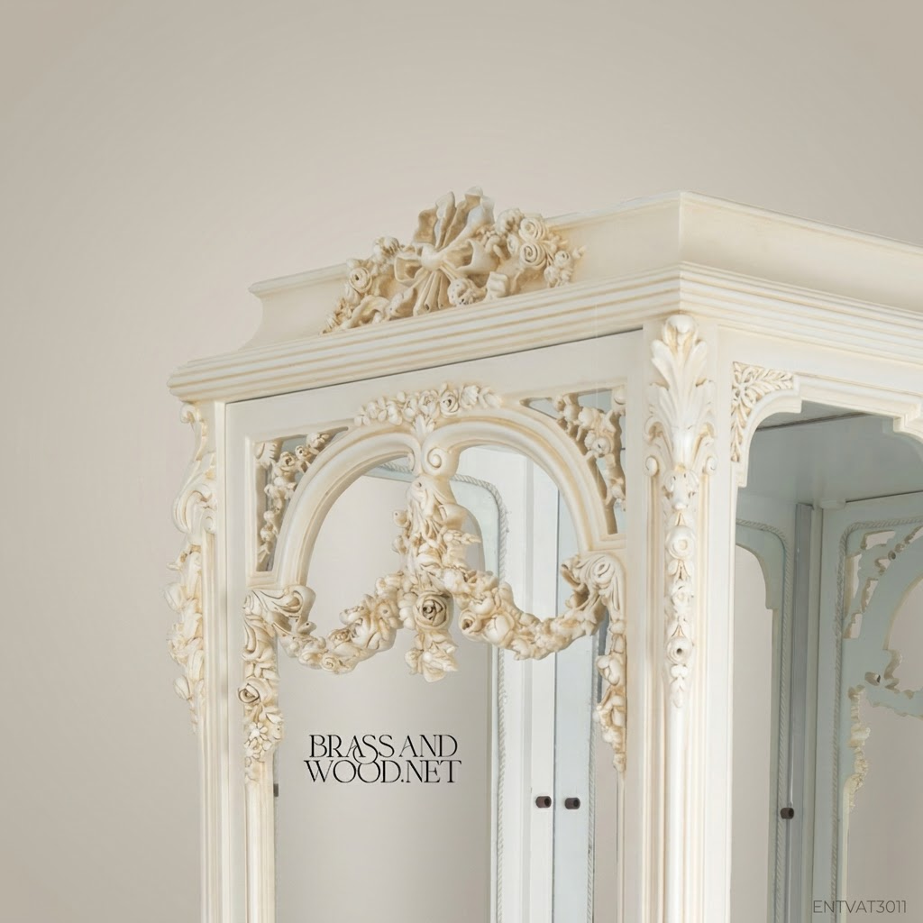Rococo Revival Ivory Vitrine Cabinet - Hand-Carved Floral Swags & Mirrored Interior