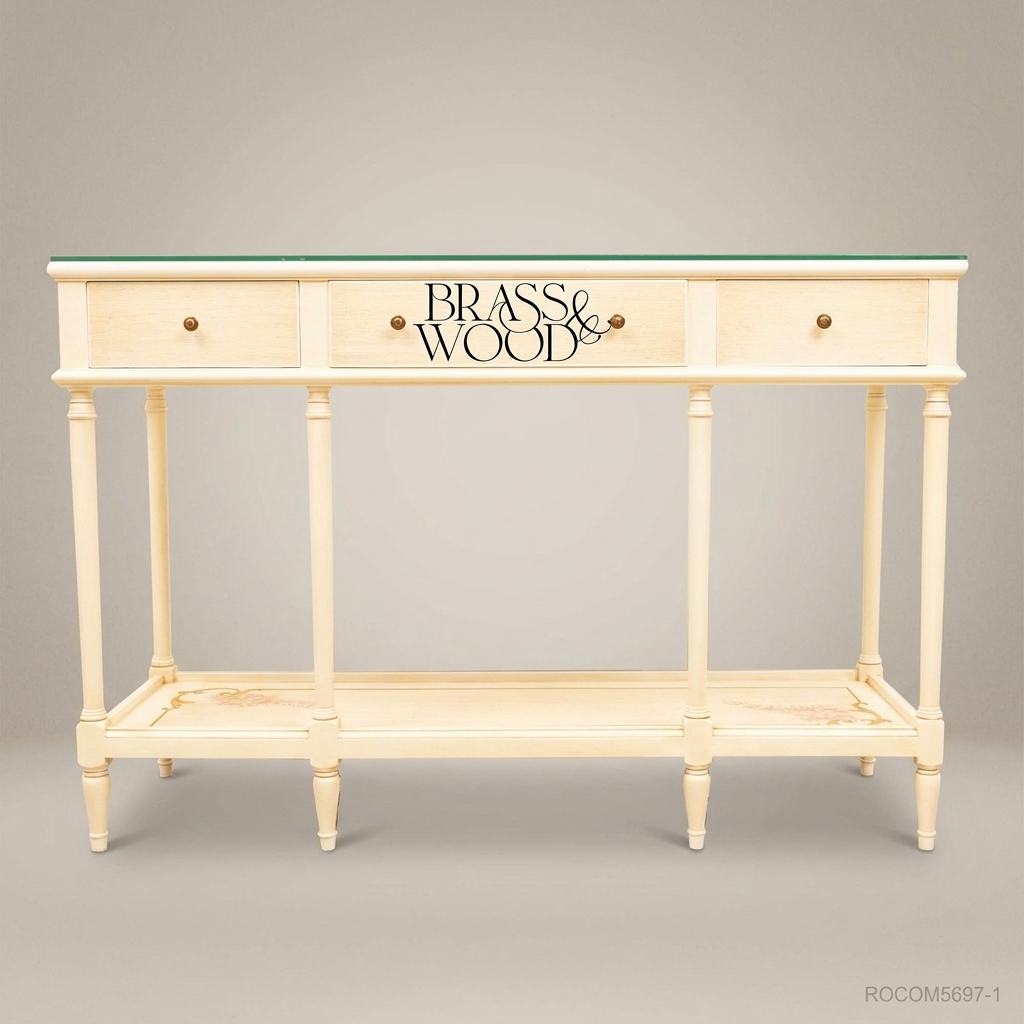 Classic Cream Wooden Console Table with Glass Top