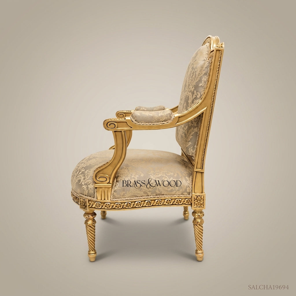 Louis XV Salon Side Chair with Gilt Wood Frame & Brocade Upholstery