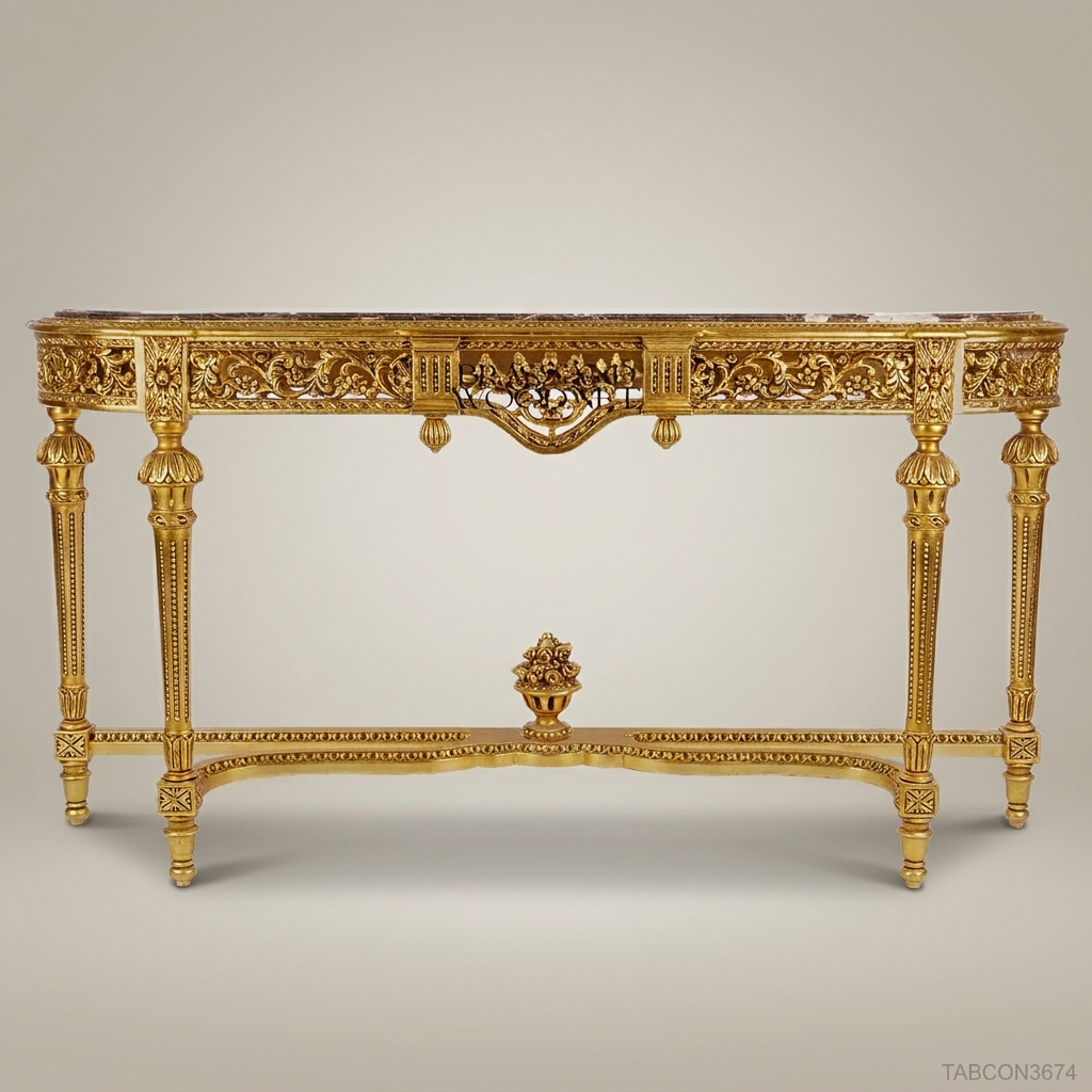 Louis XVI Giltwood Console Table with Marble Top & Floral Carvings