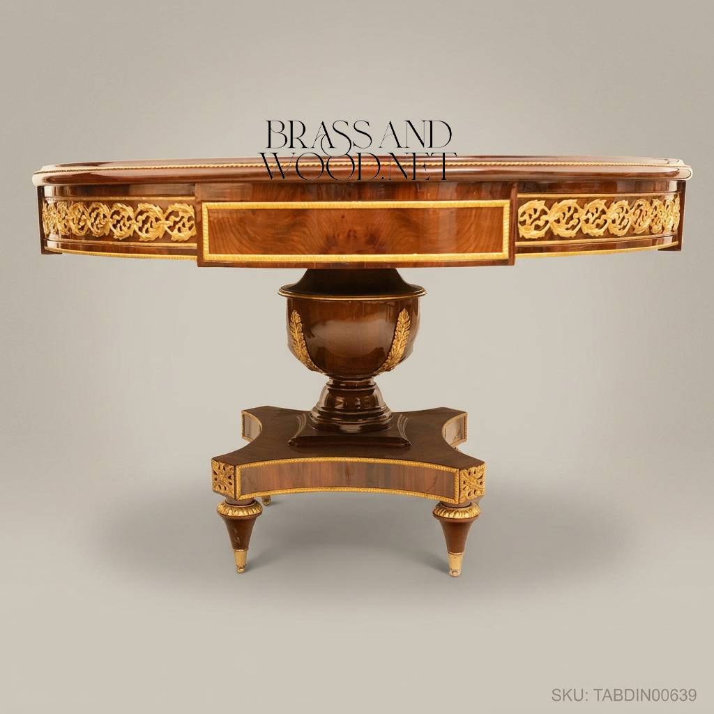 Brass & Wood Empire Round Pedestal Dining Table — 10 Persons