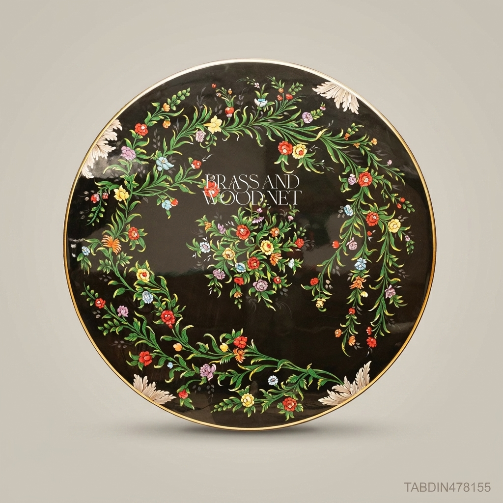 Brass & Wood Baroque Round Dining Table with Hand-Painted Black Floral Top — 20 Persons