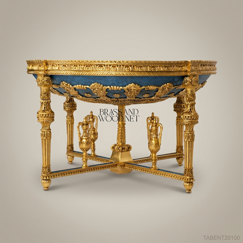 Louis XVI Neoclassical Round Centre Table — Gilt Carved Frame with Blue Panel Apron & Urn Stretcher