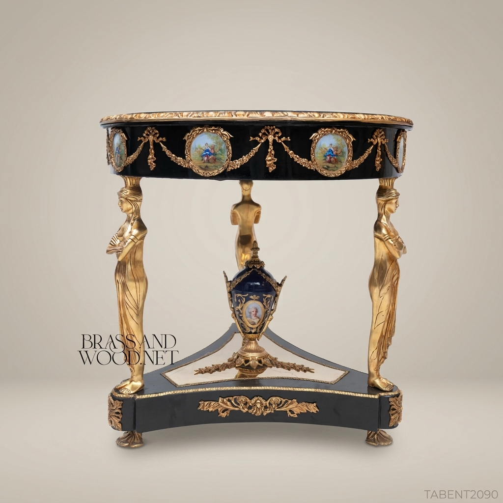 Napoleon III Ebonized Guéridon with Sèvres Porcelain Medallions & Gilt Bronze Caryatid Legs