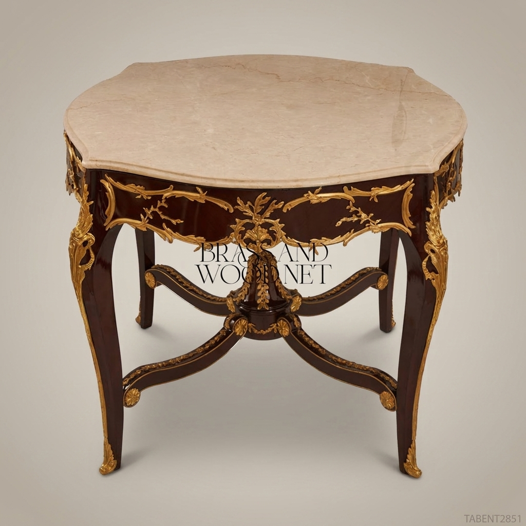 Napoleon III Rococo Revival Octagonal Center Table — Crema Marfil Marble Top with Gilt Bronze Ormolu Apron