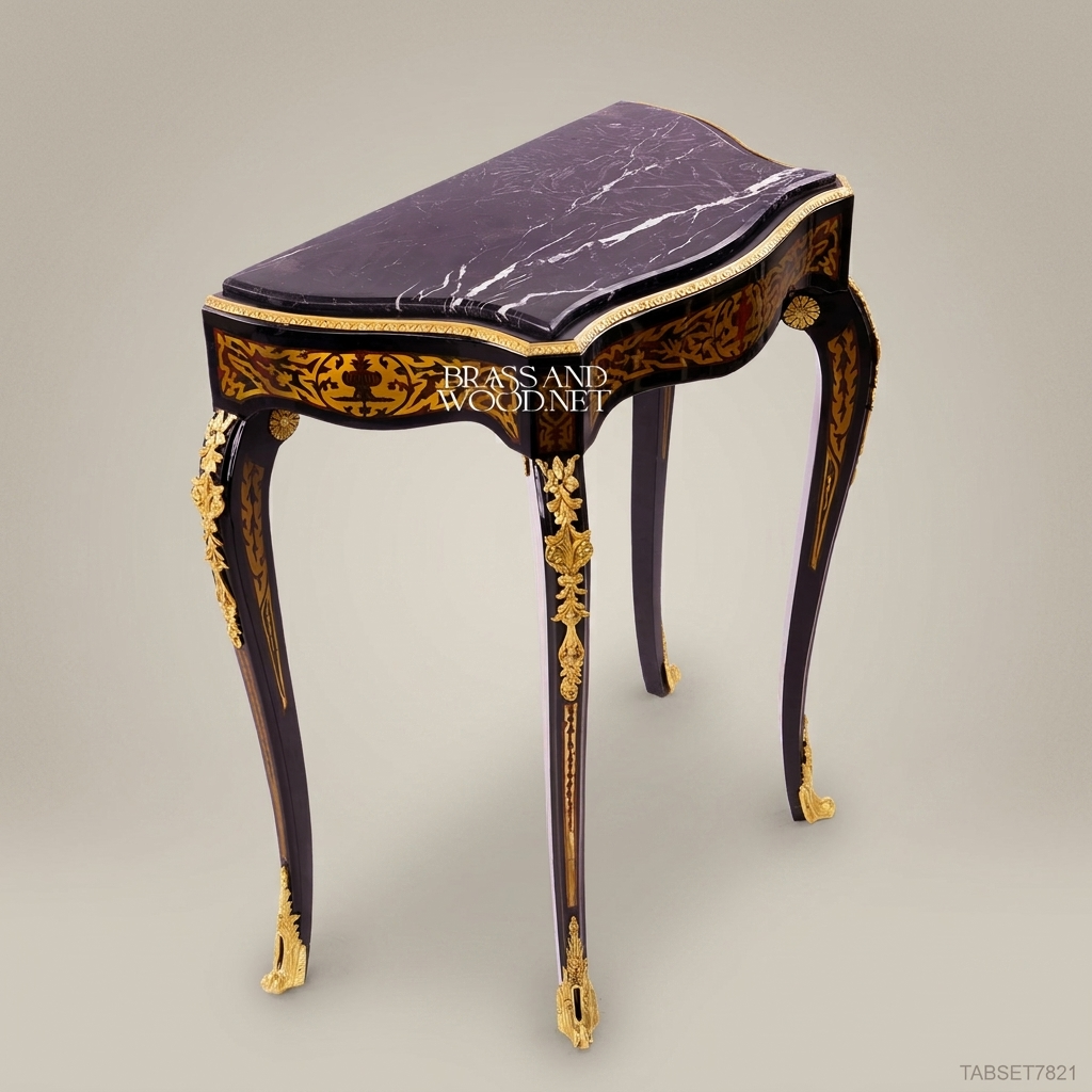 Classic Black Marble Top Console Table with Brass Accents