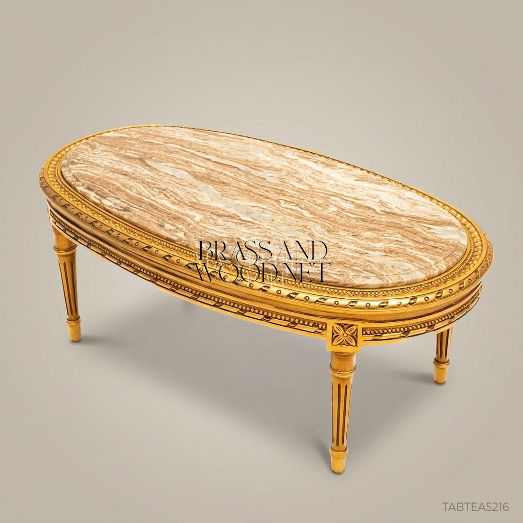Louis XVI Oval Gilded Wood Salon Coffee Table with Marble Top