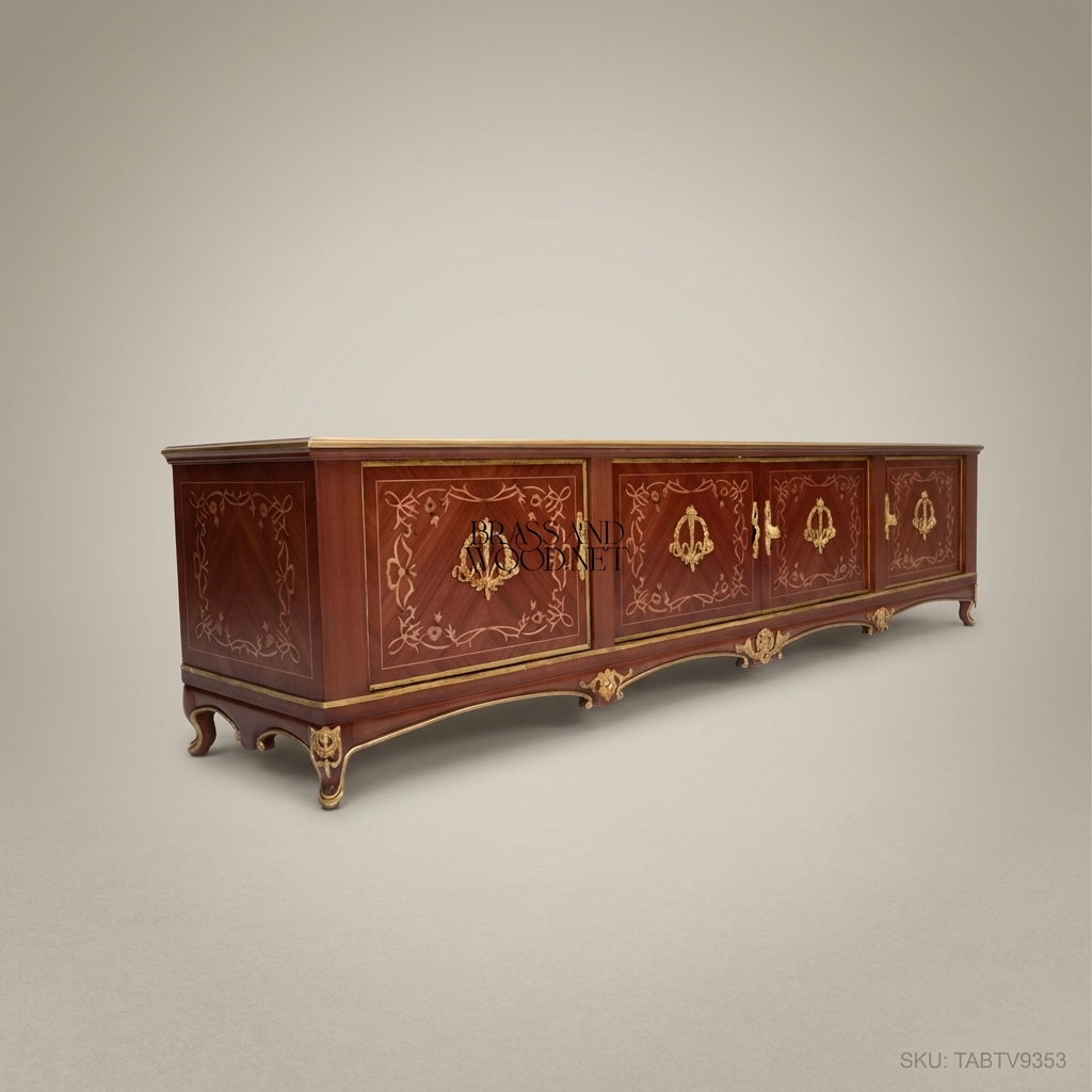 Napoleon III Rococo Revival TV Console — Lacquered Mahogany with Gilt Brass Strapwork & Four-Door Cabinet