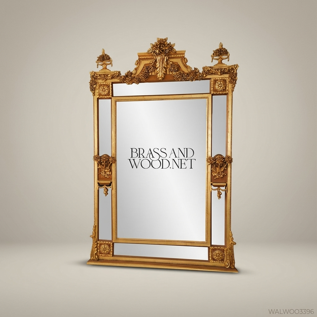 Napoleon III Rococo Revival Gilded Floor Mirror - Segmented Frame with Urn Crest & Mascaron Brackets