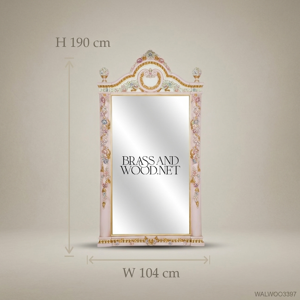 Rococo Full-Length Floor Mirror – Dusty Rose Carved Wood & Gold Leaf Floral Frame