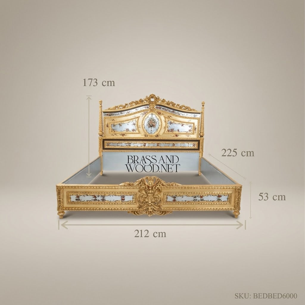 Louis XVI Neoclassical King Bed with Hand-Painted Floral Panels & Gold Leaf Carved Frame