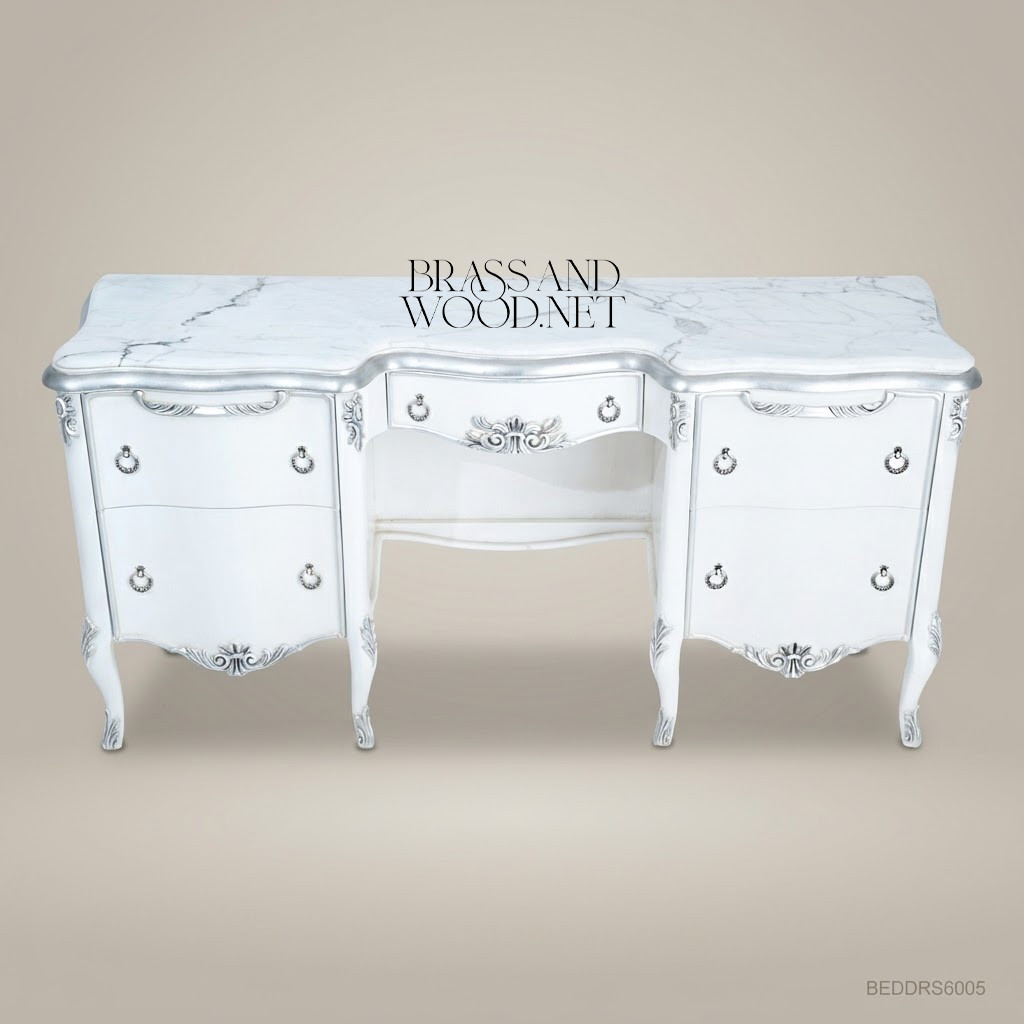 Louis XV Rococo Revival White Lacquer Dressing Table with Silver-Leaf Shell-Crest Mirror