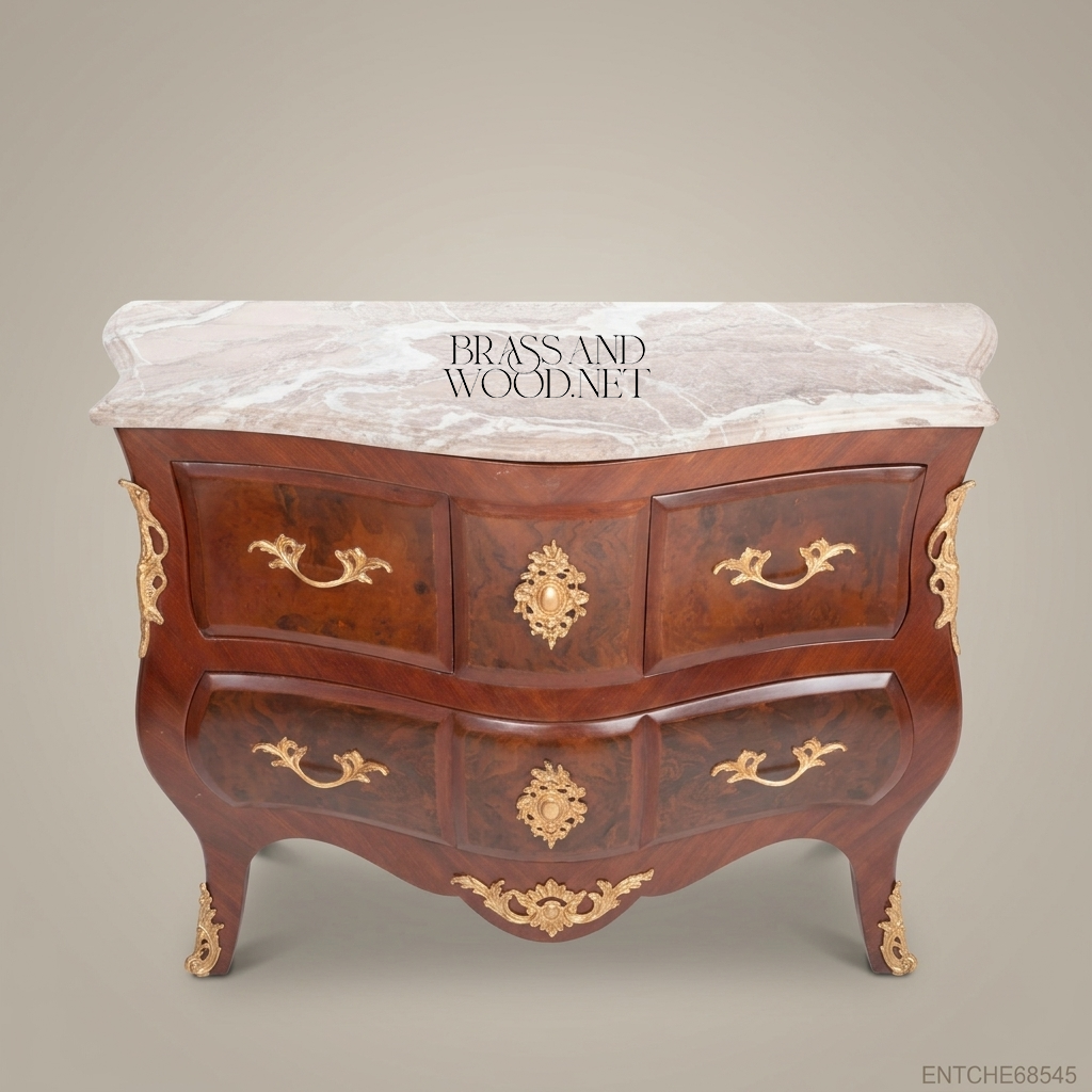 Louis XV Bombe Commode in Burr Walnut with Gilt Brass Mounts & Marble Top