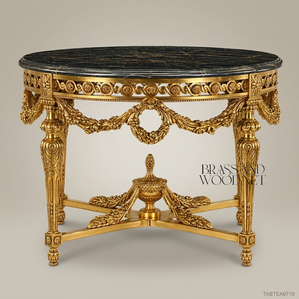 Louis XVI Neoclassical Round Centre Table – Gold Leaf & Portoro Marble