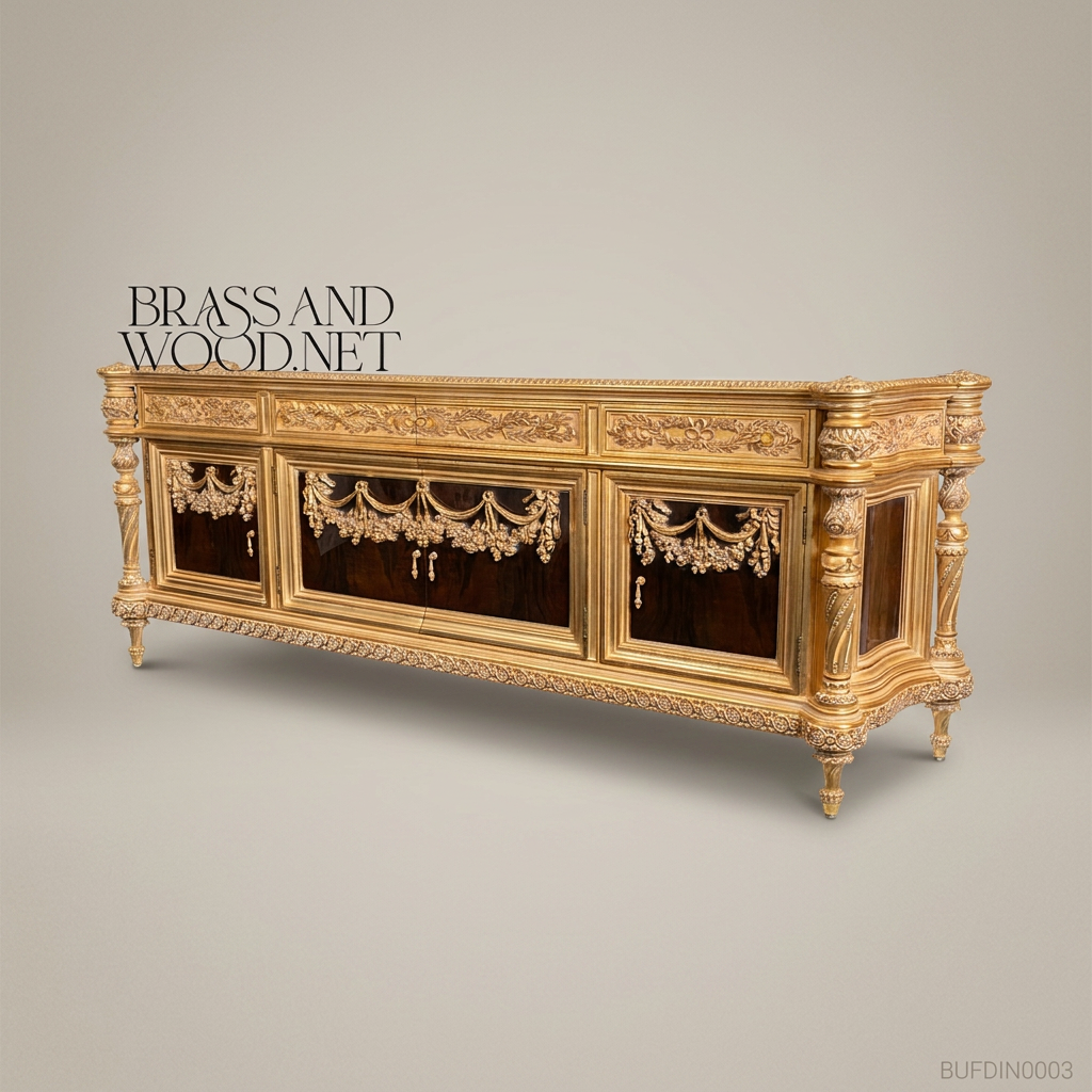 Brass & Wood Louis XVI Carved Gilt Dining Buffet — 350cm