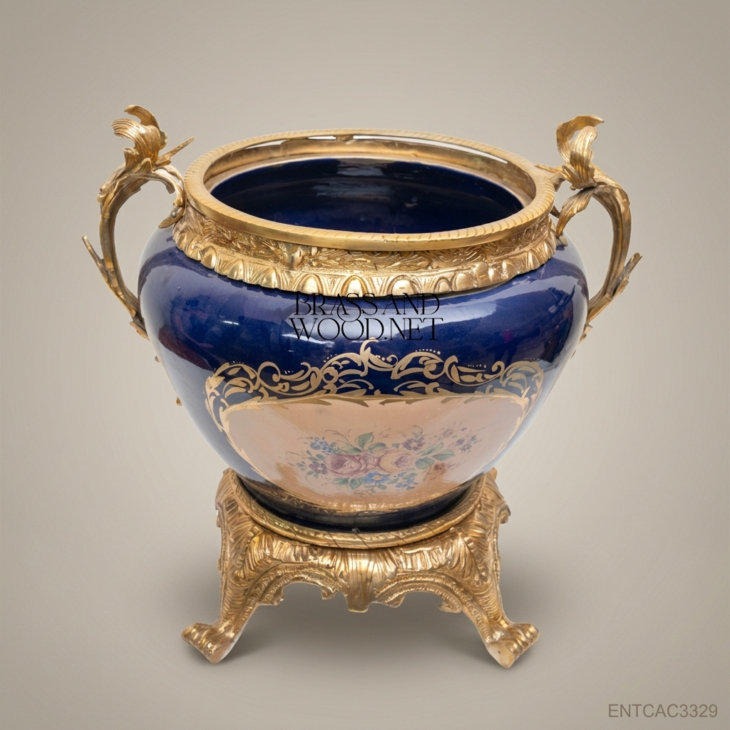 Napoleon III Rococo Revival Cobalt Blue Ceramic Jardinière with Gilt Brass Stand & Acanthus Handles