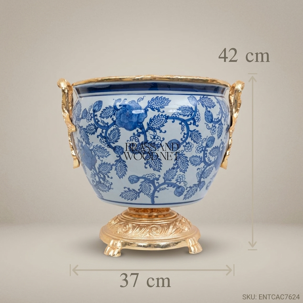 Chinoiserie Blue & White Ceramic Jardinière with Gilt Brass Mounts – Dragon Handle Footed Planter