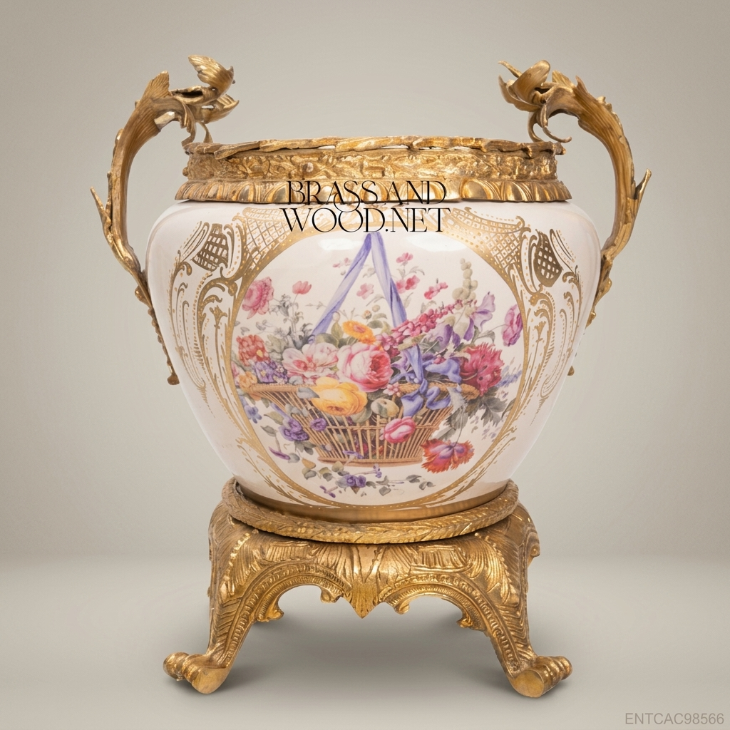 Napoleon III Rococo Revival Porcelain Cachepot - Hand-Painted Floral Basket with Gilt Bronze Mounts