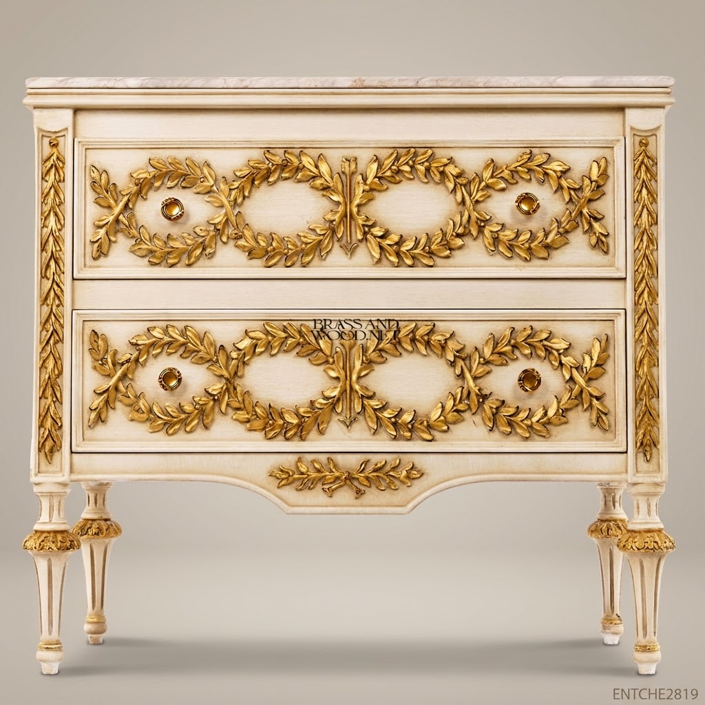 Louis XVI Neoclassical Ivory & Gold Leaf Two-Drawer Commode with Marble Top
