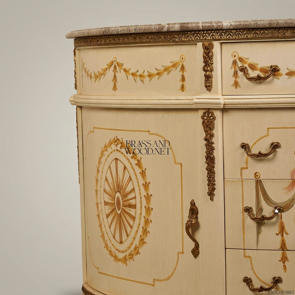 Louis XVI Neoclassical Demilune Commode with Marble Top & Hand-Painted Ivory Lacquer