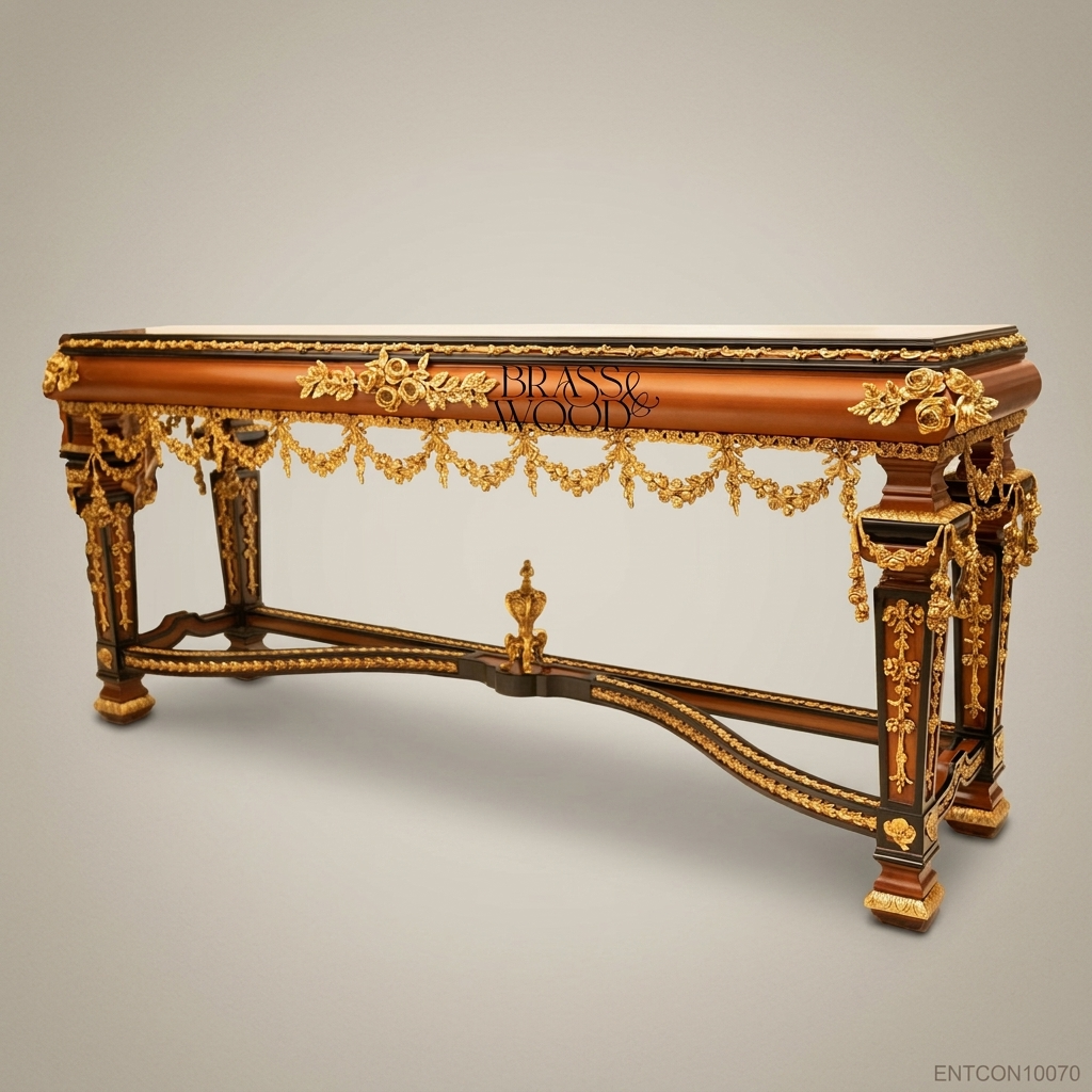 Louis XVI Neoclassical Console Table with Marquetry Top & Ormolu Garlands