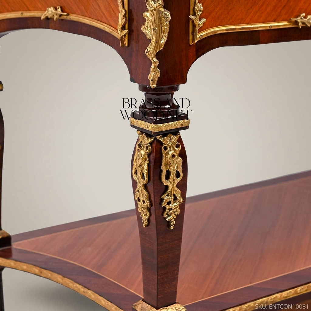 Louis XVI Neoclassical Console Table with Brass Ormolu & Marquetry Shelves