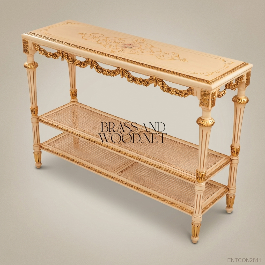 Louis XVI Ivory & Gold Leaf Console Table with Cane Shelves & Floral Swags