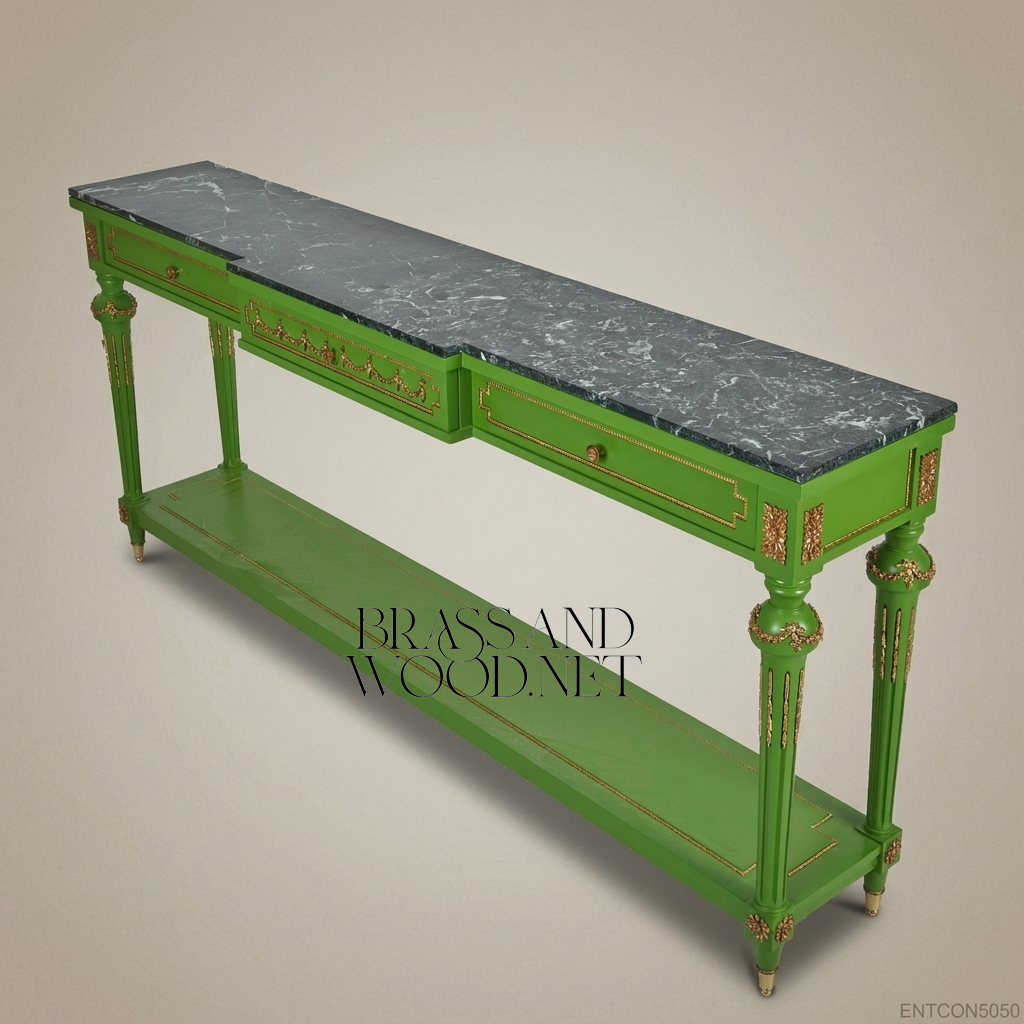Louis XVI Green Lacquer & Marble Console Table with Gold Leaf Accents