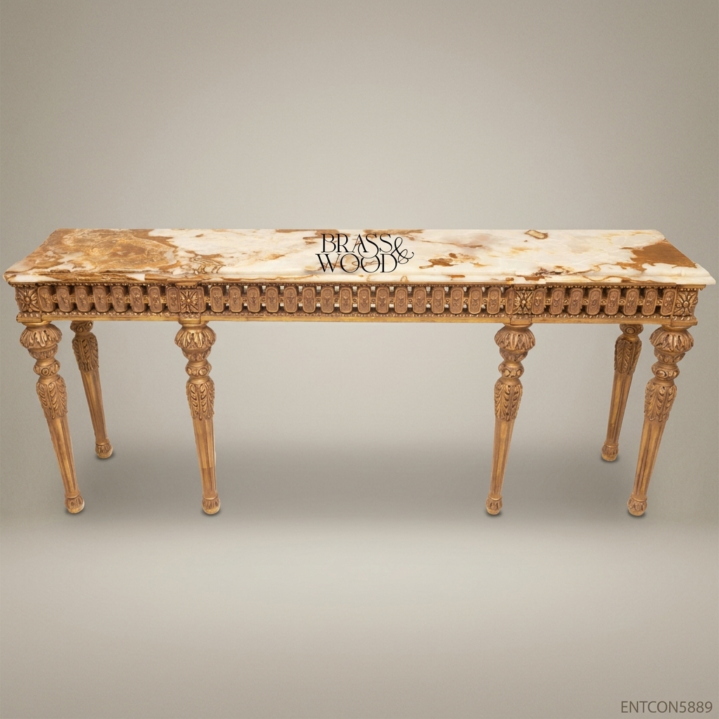 Louis XVI Neoclassical Console Table – Gold Leaf Carved Wood & Onyx Marble Top